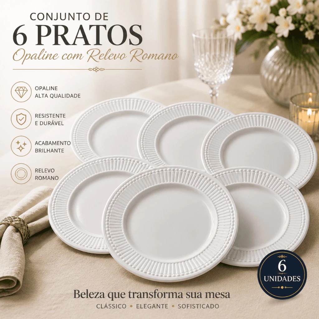 Kit 6 Pratos Rasos Opaline Branco Redondo