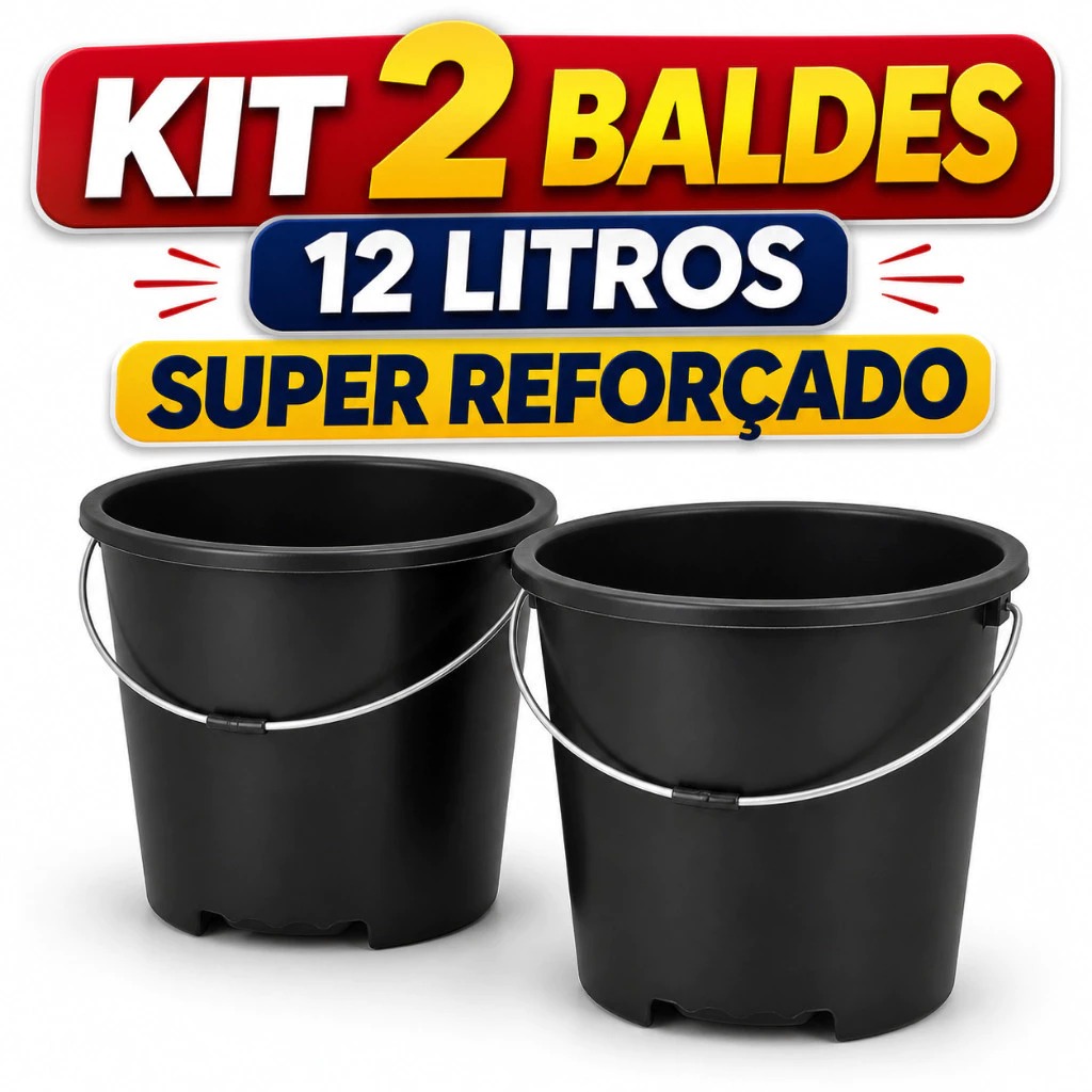 Kit 2 Balde 12 Litros Reforçado com Alça de Ferro Plástico Resistente Limpeza Obra Lavanderia Uso Doméstico