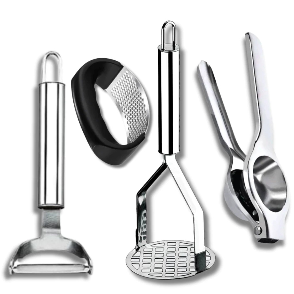 Kit Cozinha Descascador de Legumes Amassador de Batatas Espremedor de Limão e Alho em Aço Inox - 4 Peças