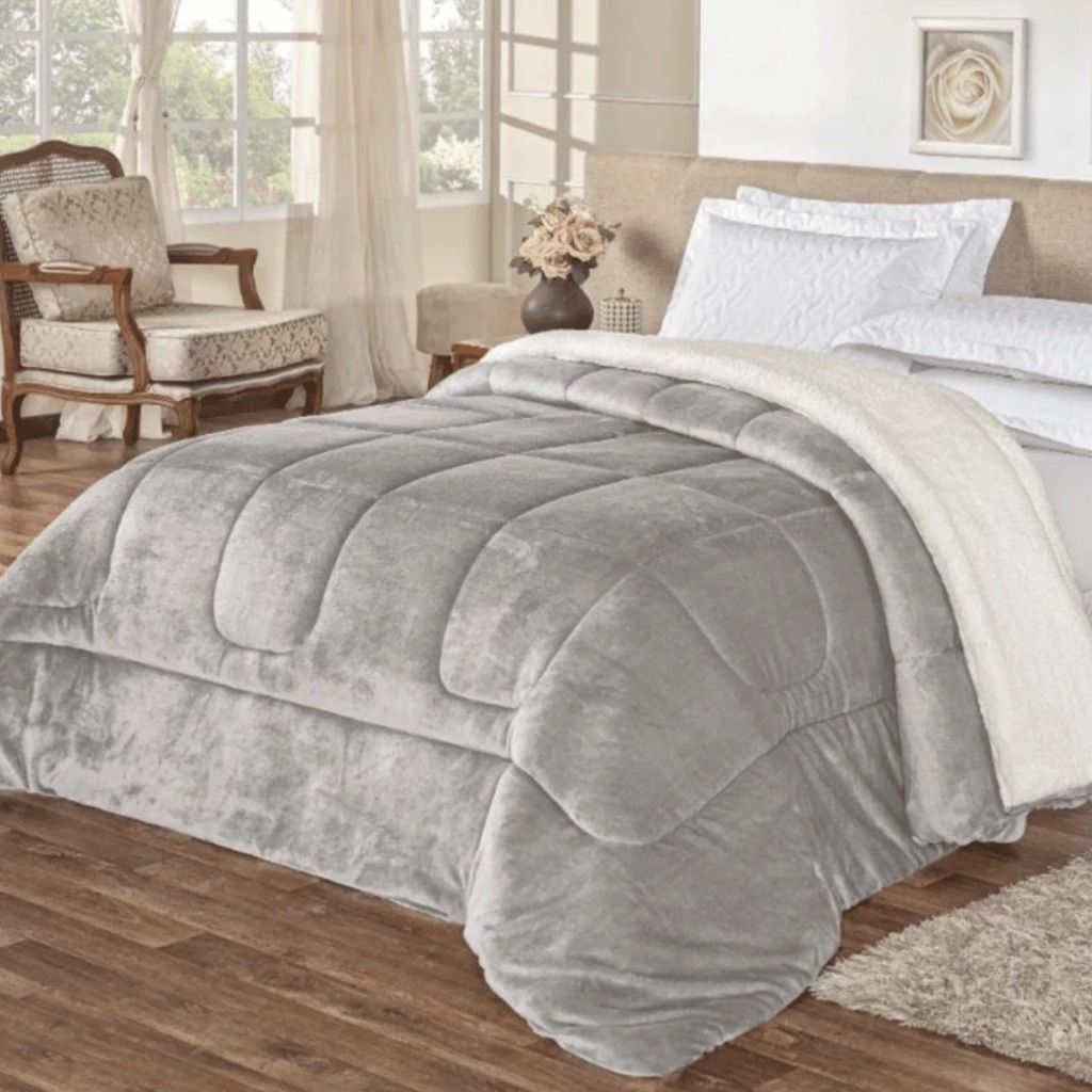 Edredom Sherpa Cobertor Manta Coberdrom Casal Queen Dupla Face (CINZA)