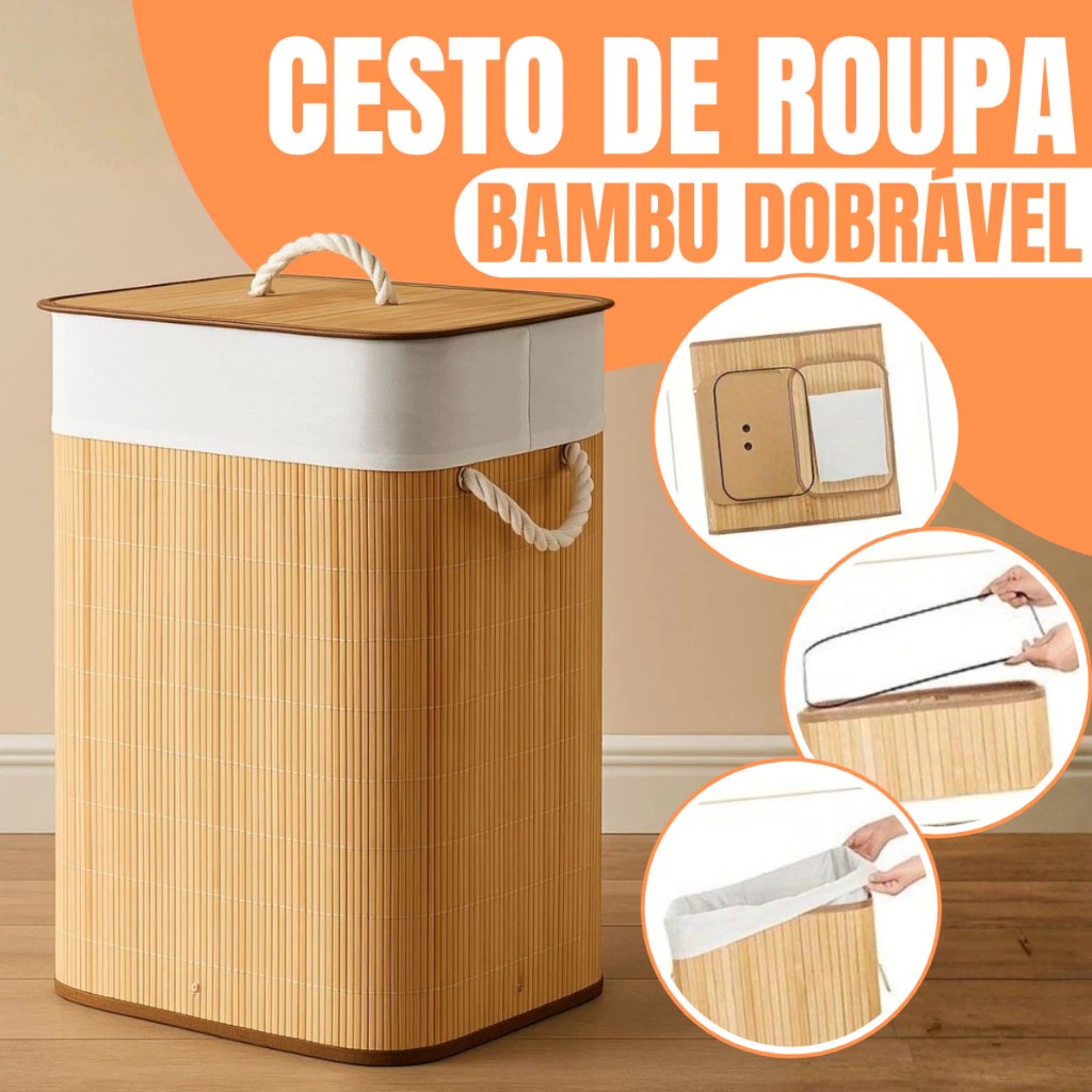 Cesto de Roupa Bambu 60L Dobrável – Organizador com Revestimento Interno alta capacidade